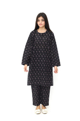 Plum Premium Khaddar Black Colour Printed Purple Green Flowers On 2 pc Stitched suit For Girls